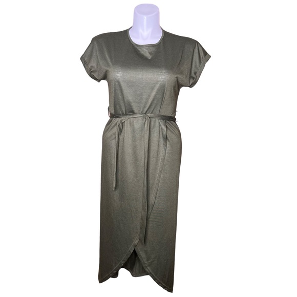 Asymmetrical Olive Green Belted T-Shirt Dress size L - Picture 2 of 15
